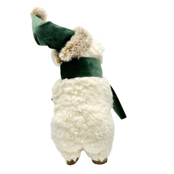 Winter Bear Stands Up Figurine Off-White Fleece with Green Velvet Scarf and Hat - Picture 7 of 13